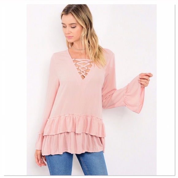 🚨 SALE!! LAST ONE! Blush Lace Up Top - Picture 3 of 4